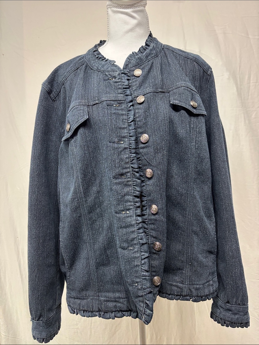WinterSilks Ruffle-Trim Jean Jacket - Blue